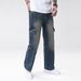 Men's Straight Leg Work Pants - Classic Dark Blue Denim Jeans With Multiple Pockets, Washed Cotton Blend, Casual & Stylish For Everyday Wear_mkmklike.com