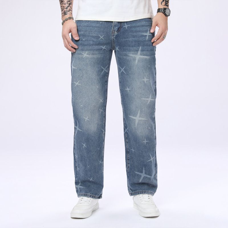 Men's Straight Leg Jeans Irregular Print Non-Stretch Blue Denim Stylish Versatile All-Season Casual Pants_mkmklike.com