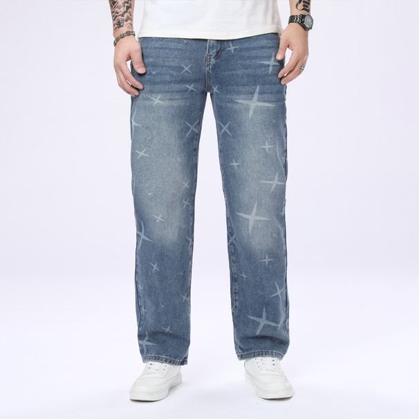 Men's Straight Leg Jeans Irregular Print Non-Stretch Blue Denim Stylish Versatile All-Season Casual Pants_mkmklike.com