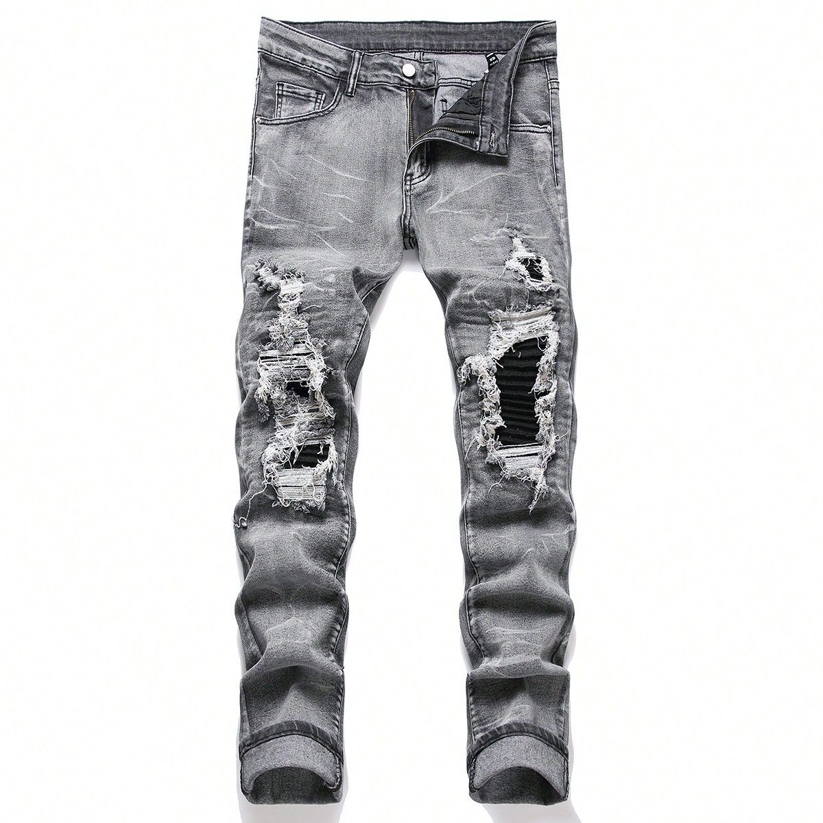 Men's Stretch Denim Jeans, Streetwear, Tearing Patchwork Holes, Torn Denim, Elastic Waist, Leisure Pants, Narrow Fit, Straight Pants_mkmklike.com