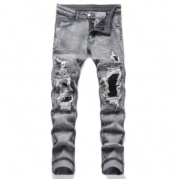 Men's Stretch Denim Jeans, Streetwear, Tearing Patchwork Holes, Torn Denim, Elastic Waist, Leisure Pants, Narrow Fit, Straight Pants_mkmklike.com