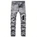 Men's Stretch Denim Jeans, Streetwear, Tearing Patchwork Holes, Torn Denim, Elastic Waist, Leisure Pants, Narrow Fit, Straight Pants_mkmklike.com