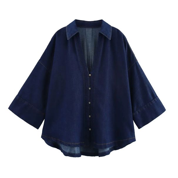 K New European And American Style Fashionable Wide Sleeved Lapel Denim Shirt Casual Wide Leg Straight Leg Pants Set For Women_mkmklike.com