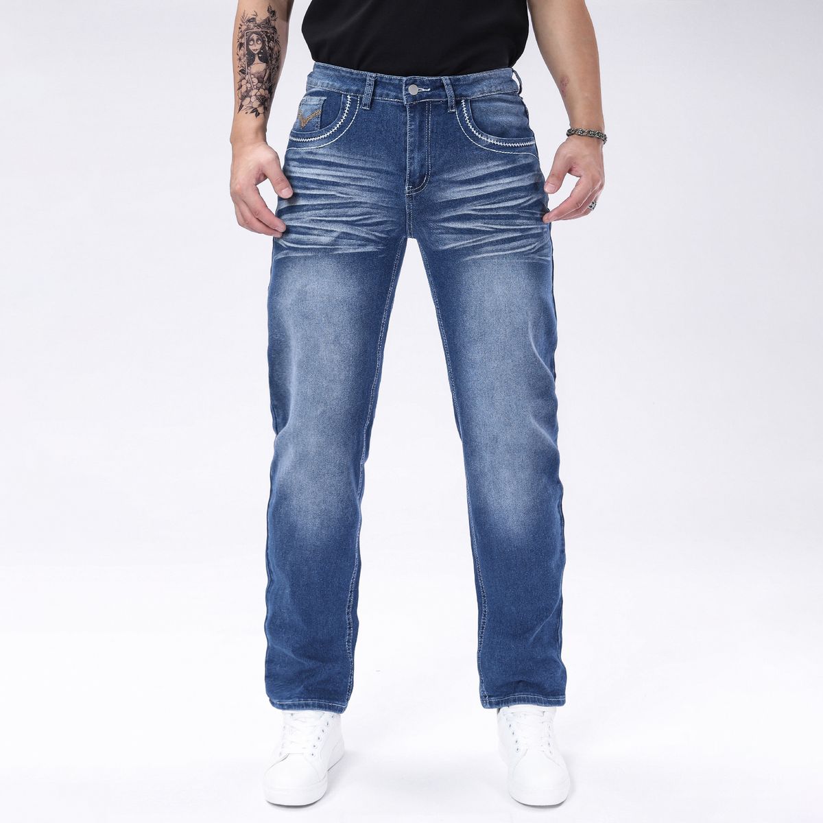 American Pocket Embroidered Slim Fit Jeans Stretch Multi Craft Scratch Washed Small Leg Pants Slim Blue Men's Pants For All Seasons Daily Wear_mkmklike.com
