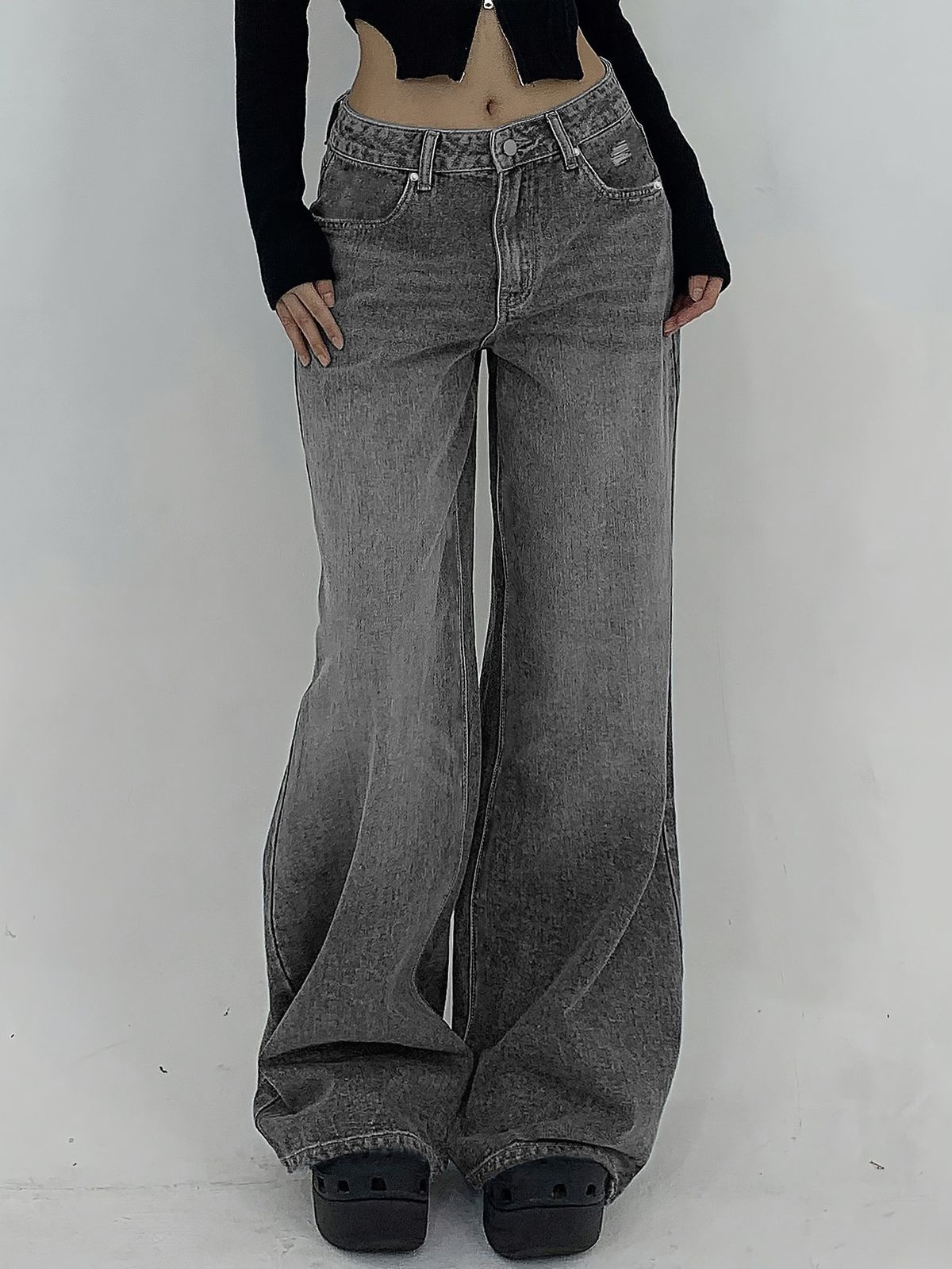 Women's High Waist Wide Leg Distressed Jeans - Oversized Relaxed Fit Long Boho Denim Pants With Ripped Details (Black/Blue/Light Gray)_mkmklike.com