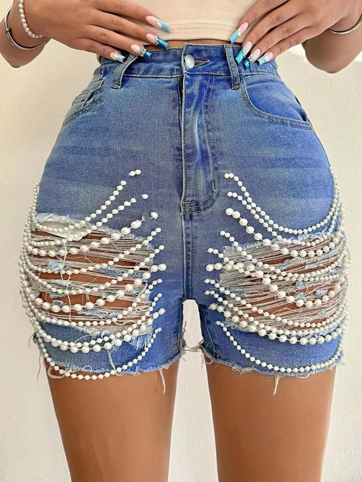 Women's High Waist Denim Shorts - Handmade Beaded Distressed Hot Pants For Summer_mkmklike.com
