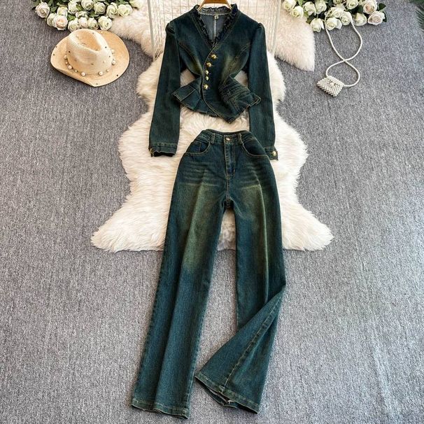 Korean Style V-Neck Suit Set – Slimming Metal Button Jacket & Flared Denim Pants For Women_mkmklike.com