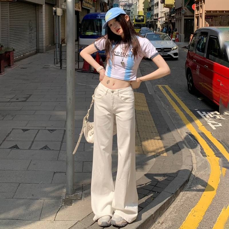 Wholesale White Low-waist Flared Jeans With Round Pocket Design For Women, Spring/summer Slim-fit Stretch Straight-leg_mkmklike.com