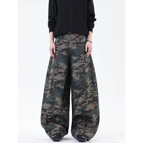 Camouflage Deconstructed Wide-Leg Cargo Jeans For Men & Women – Streetwear Oversized Straight Fit With Drop Cuff & Distressed Detailing_mkmklike.com