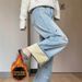 Women's High-Waisted Fleece Lined Dachshund Embroidered Jeans Loose Wide Leg Trousers Stylish Winter Denim Jeans Plus Size_mkmklike.com