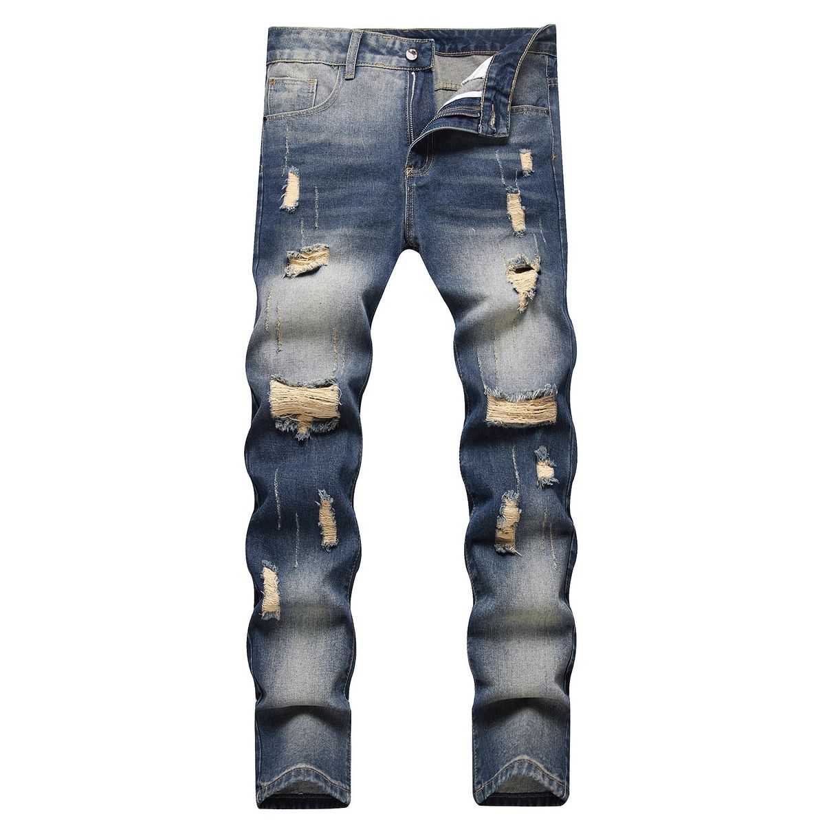 Men's Straight Fit Distressed Denim Jeans - Classic Blue Washed Cotton Trousers For Casual Wear_mkmklike.com