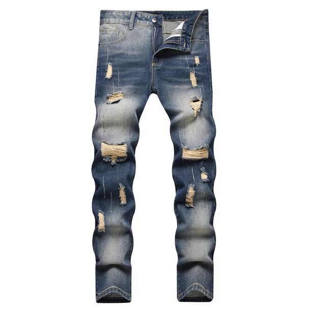 Men's Straight Fit Distressed Denim Jeans - Classic Blue Washed Cotton Trousers For Casual Wear_mkmklike.com