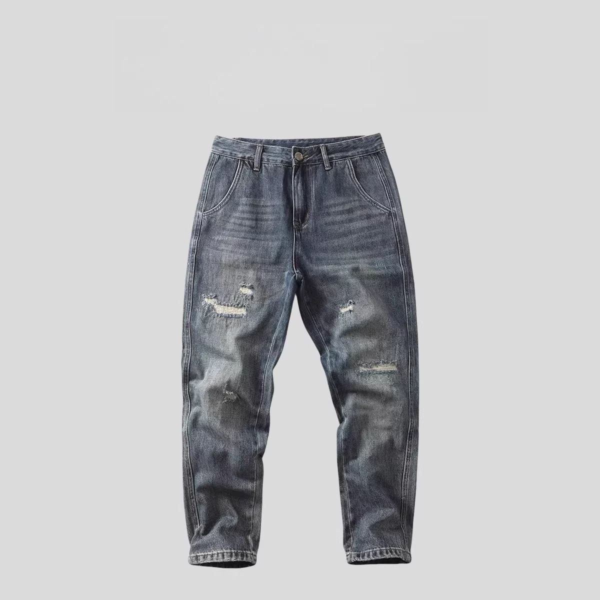 Men's Distressed Denim Jeans - Straight Leg Vintage Washed Ripped Casual Pants For Men Versatile Straight Cut_mkmklike.com