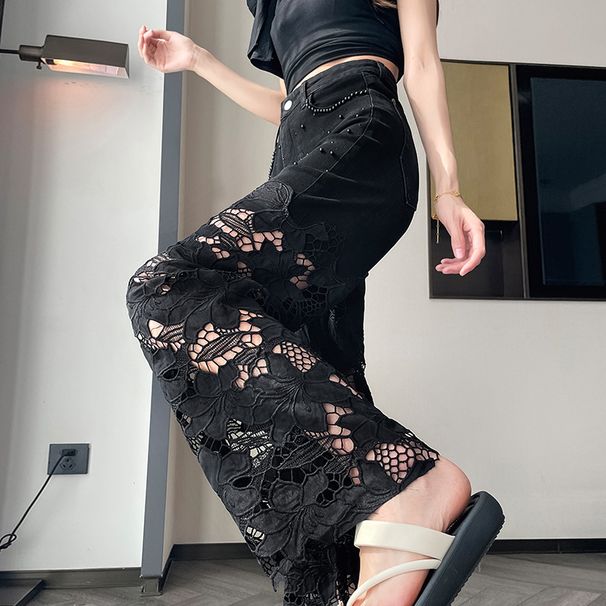 Women's Black Lace Hollow out Wide Leg Jeans Slimming Straight Leg Pants Beaded Loose Fit 2025 New Summer Style_mkmklike.com