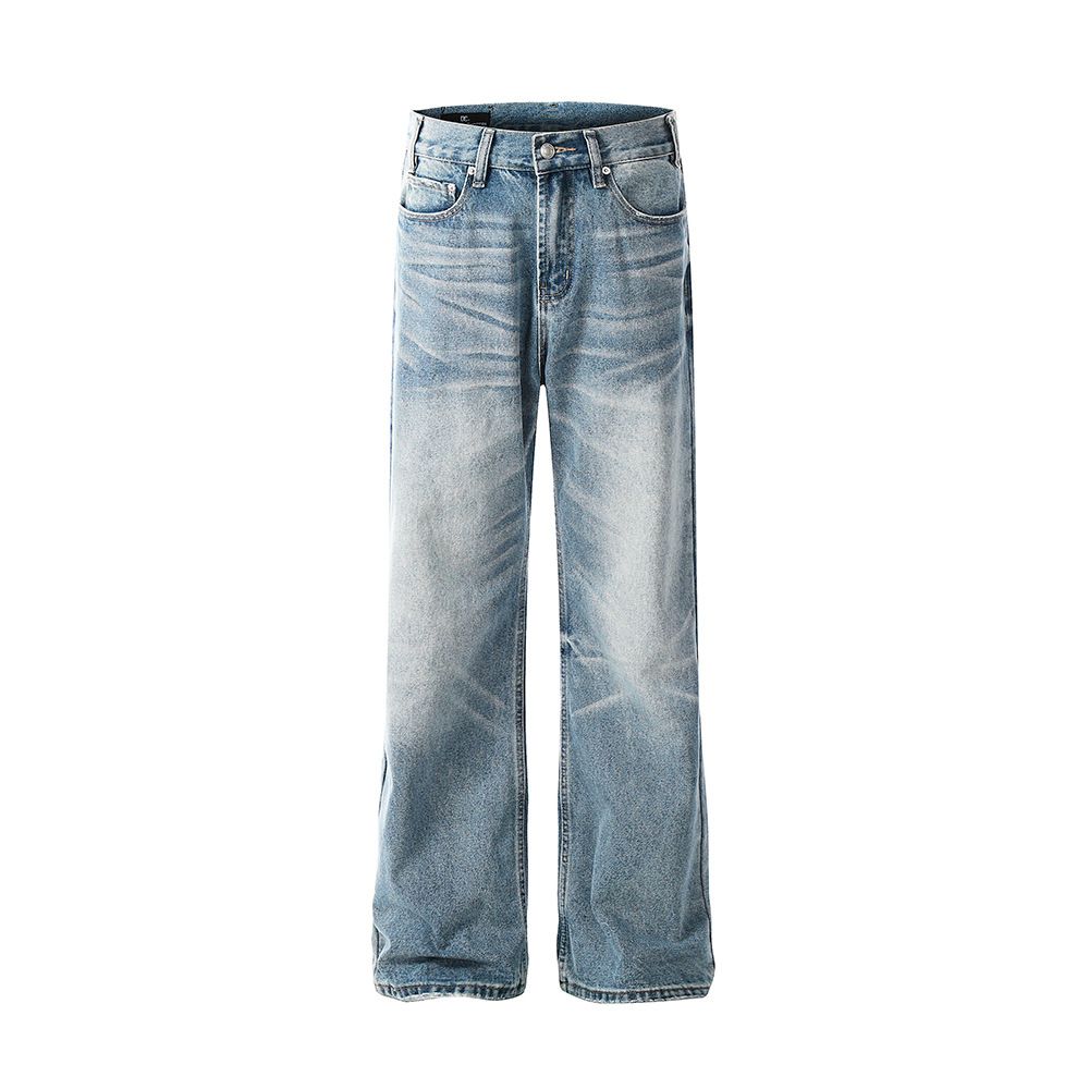 Gradient Washed Denim Men's High Street Trendy Distressed Loose Wide-Leg Lightning Scratch Straight-Leg Pants_mkmklike.com