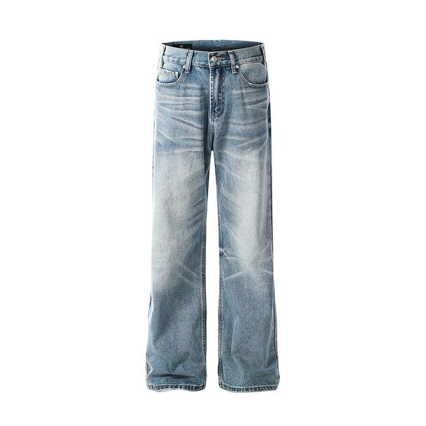 Gradient Washed Denim Men's High Street Trendy Distressed Loose Wide-Leg Lightning Scratch Straight-Leg Pants_mkmklike.com