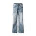 Gradient Washed Denim Men's High Street Trendy Distressed Loose Wide-Leg Lightning Scratch Straight-Leg Pants_mkmklike.com