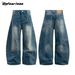Vintage Washed Distressed Men's Loose Wide Leg Jeans, Retro High Waist Denim Trousers For Casual Streetwear_mkmklike.com