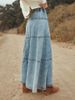 Bohemian A-Line Denim Skirt With Layered Hem & Abstract Print - Mid-Length Raw Edge Denim Skirt For Women_mkmklike.com