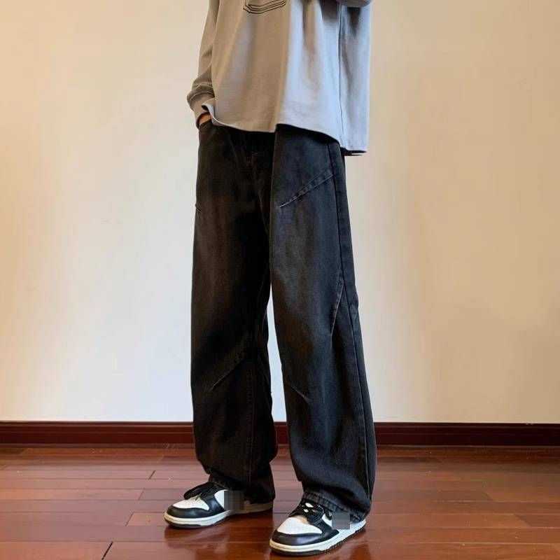Men's Straight Leg Cargo Jeans Loose Fit Wide Leg American High Street Style Casual Long Pants Trendy Cool Retro Vibe_mkmklike.com