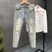 Men's Ripped And Distressed Jeans Trendy Summer Style Thin Slim Fit Casual Cropped Pants_mkmklike.com