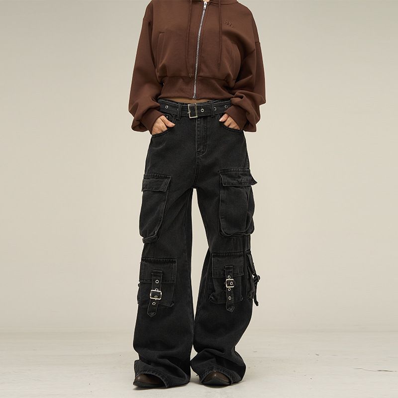 "Vintage Cargo Denim Pants Distressed Multi-Pocket Workwear Jeans For Men Women, Streetwear Utility Trousers With Washed Effect, Unisex Boyfriend Fit_mkmklike.com