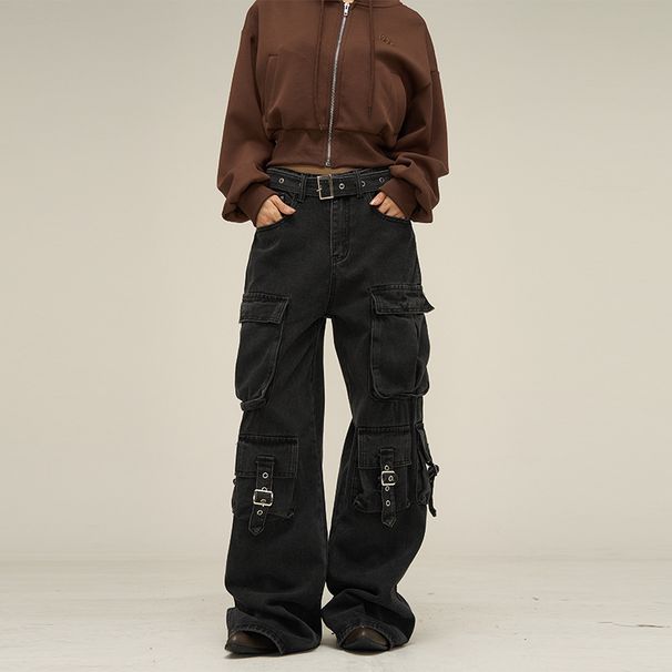 "Vintage Cargo Denim Pants Distressed Multi-Pocket Workwear Jeans For Men Women, Streetwear Utility Trousers With Washed Effect, Unisex Boyfriend Fit_mkmklike.com