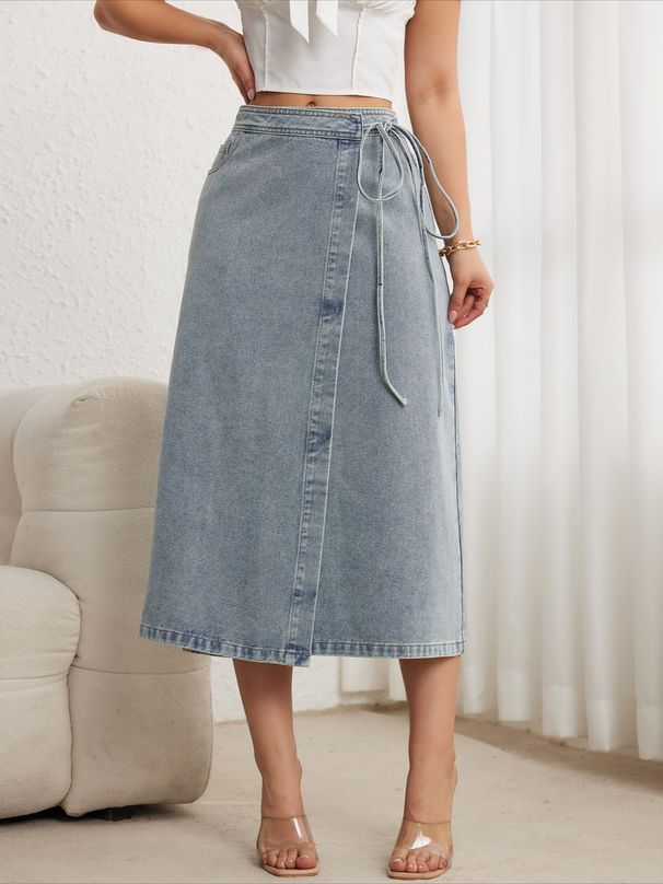K Tethered Mid Skirt Elegant Women's Split Wrap Long Denim Skirt Loose Retro_mkmklike.com