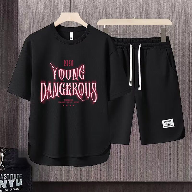 Men's Clothing 2024 Waffle Casual Summer Suit Men's Loose Teen Short sleeved T shirt Shorts Handsome Two piece Suit_mkmklike.com