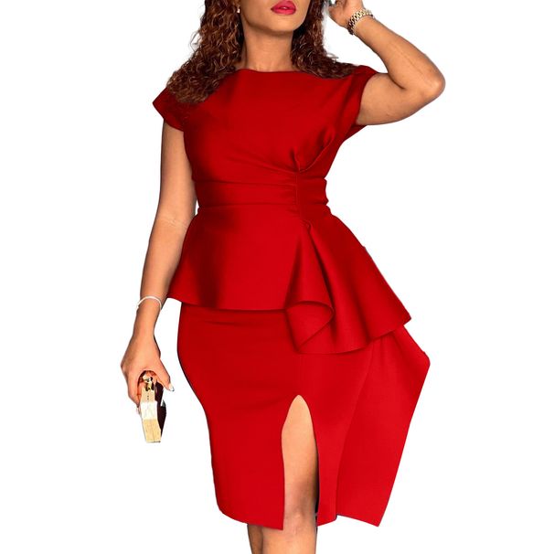 Women's Clothing large size new round neck solid color short sleeved slit tight hip hugging dress_mkmklike.com
