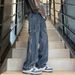 Men's High Street Retro Jeans – Relaxed Straight Leg Pants With Zip Fly & Split Hem For Urban Styling_mkmklike.com