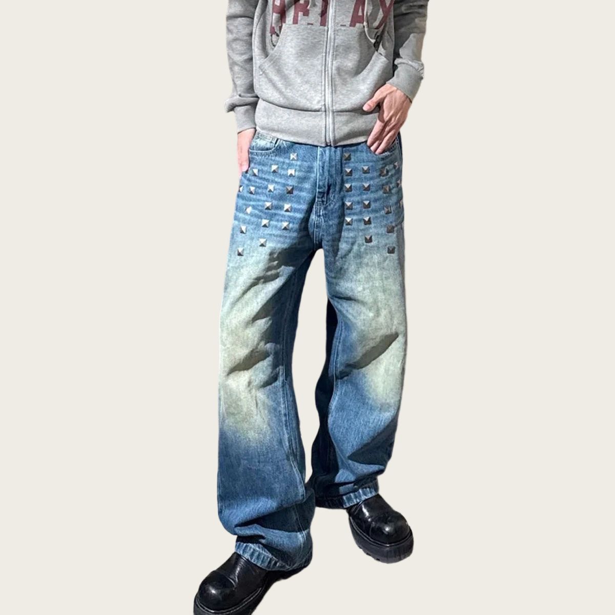 Vintage Washed Baggy Jeans – Unisex Distressed Denim With Square Rivets & Cat Whiskers (90s Streetwear, Relaxed Straight Leg, Button Fly)_mkmklike.com