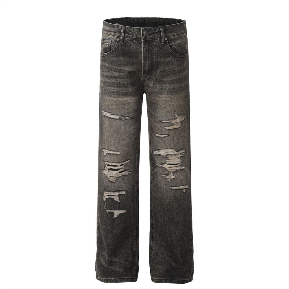 Distressed Vintage Jeans For Men American Hip-Hop Style Washed Color Block Ripped Loose Straight Pants Long Trousers_mkmklike.com