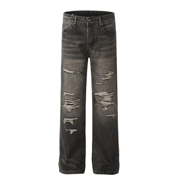 Distressed Vintage Jeans For Men American Hip-Hop Style Washed Color Block Ripped Loose Straight Pants Long Trousers_mkmklike.com