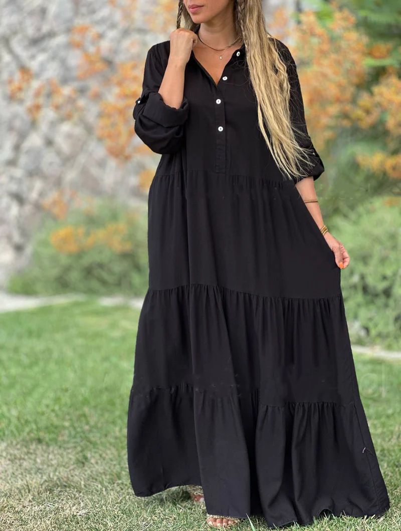 women's clothing fresh and sweet lapel solid color swing long sleeves casual cotton and linen long dress_mkmklike.com