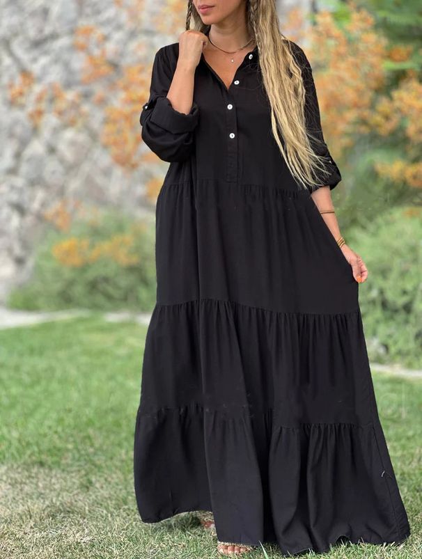 women's clothing fresh and sweet lapel solid color swing long sleeves casual cotton and linen long dress_mkmklike.com