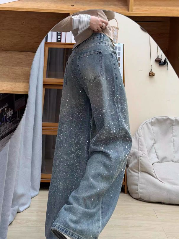 Women's Sparkly Rhinestone Embellished Denim Jeans Fleece Lined Slimming Wide Leg Plus Size Straight Leg Pants_mkmklike.com