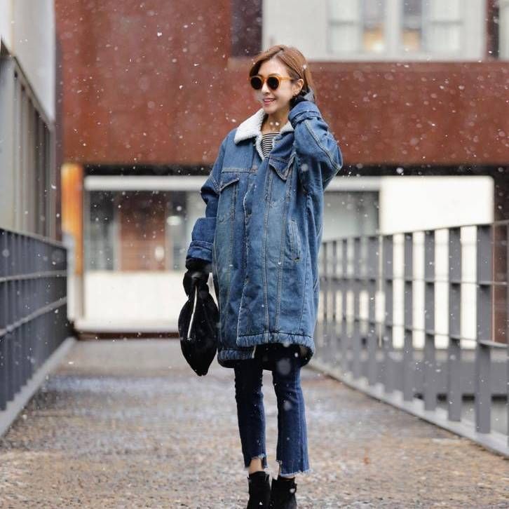 Women's Plus Size Fleece-Lined Denim Jacket With Sherpa Lining, Thick Long Coat For Winter, Casual & Elegant Style_mkmklike.com
