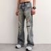 Rhinestone Flat Ripped Jeans For Men, Loose Fit, Straight Leg, High End Trendy Retro Style, 2026 New Style, Slightly Flared Pants_mkmklike.com