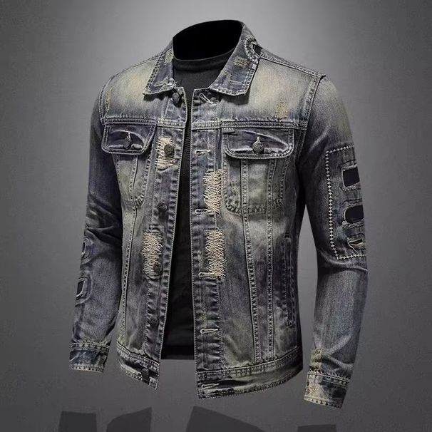 Spring And Autumn Trendy Men's Denim Ripped Jacket American Retro Washed Distressed Embroidered Trendy Jacket Tops Men_mkmklike.com
