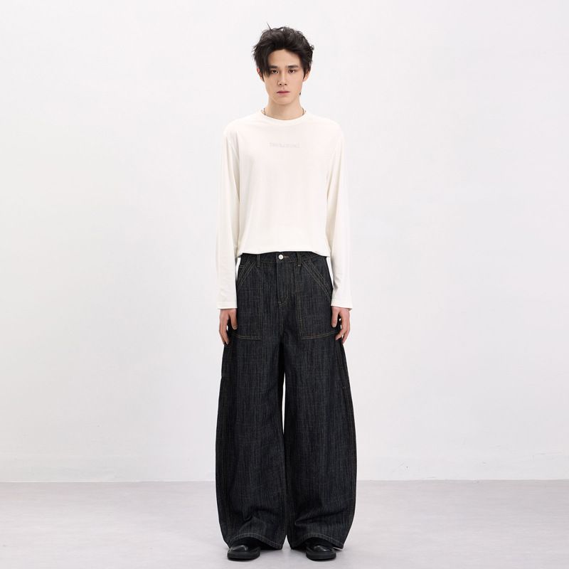 Men's American Vintage Bamboo Texture Curved Hem Baggy Cargo Pants Asymmetric Design Jeans_mkmklike.com