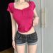 Light Blue Washed Low Rise Stretch Denim Shorts for Women Slimming Fit Super Stylish Bodycon Rolled up Hem Perfect for Summer_mkmklike.com