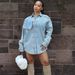 Women's Oversized Denim Jacket – Long Sleeve Patchwork Streetwear Coat With Distressed Details (S-3XL, Light Blue, Urban Unisex Fit, Polyester Blend)_mkmklike.com