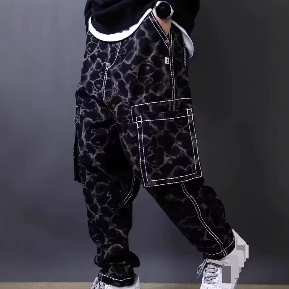 Men's Clothing Black Leopard Print Stitching Machine Exposed Seam Crotch Washed Men's Casual Pants Street Skateboard Hip Hop Tapered Jeans Heavy Trend_mkmklike.com