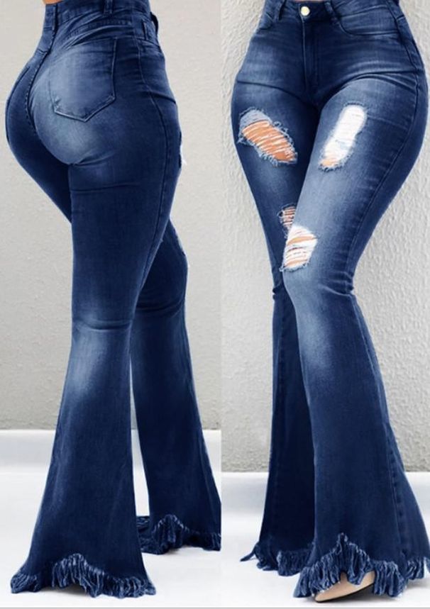 Women's Clothing Cool And Fashionable New Style Distressed Holes Worn White High Waist Jeans Slim Tassel Raw Edge Flared Denim Women's Trousers_mkmklike.com