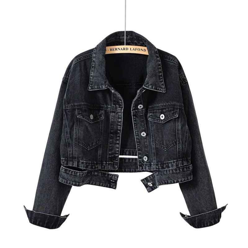 Chicco Chic Hong Kong Style Streetwear Women's Spring Autumn Retro Black High Waist Unique Short Denim Jacket Top_mkmklike.com