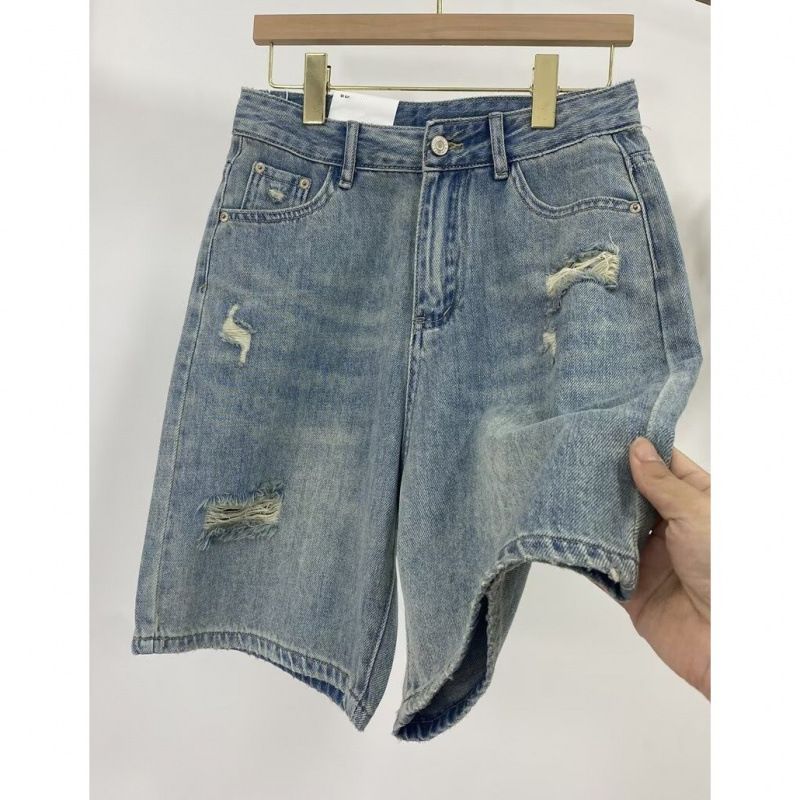 Women's Ripped Straight Leg Denim Shorts High Waist Loose Fit mid Length Unique Wide Leg Petites plus Size Summer Style_mkmklike.com