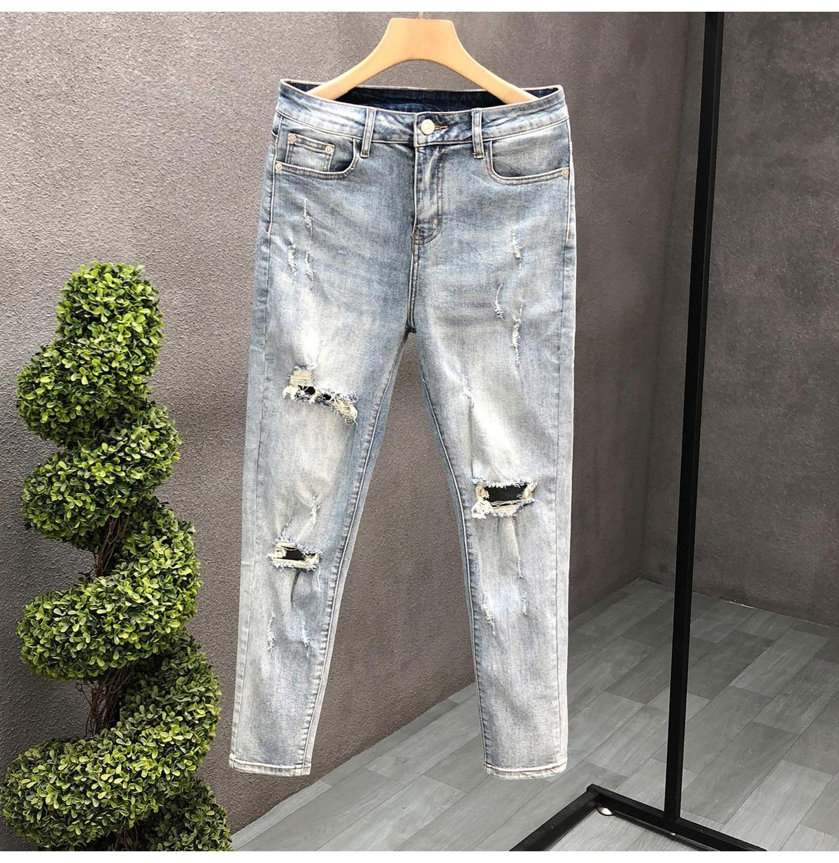 Ripped Slim-fit Jeans Men's Summer Washed Blue Nine-point Pants Men's Trendy Brand Ruffian Handsome Pants_mkmklike.com
