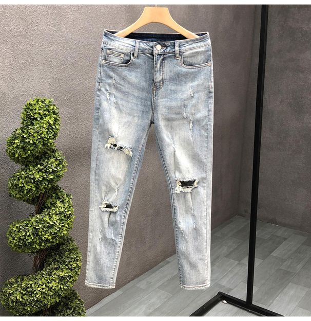Ripped Slim-fit Jeans Men's Summer Washed Blue Nine-point Pants Men's Trendy Brand Ruffian Handsome Pants_mkmklike.com