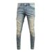 Men's Trendy Ripped Distressed Light Blue Washed Retro Slim Fit Skinny Jeans Midweight Cotton Long Wide Leg Pants_mkmklike.com